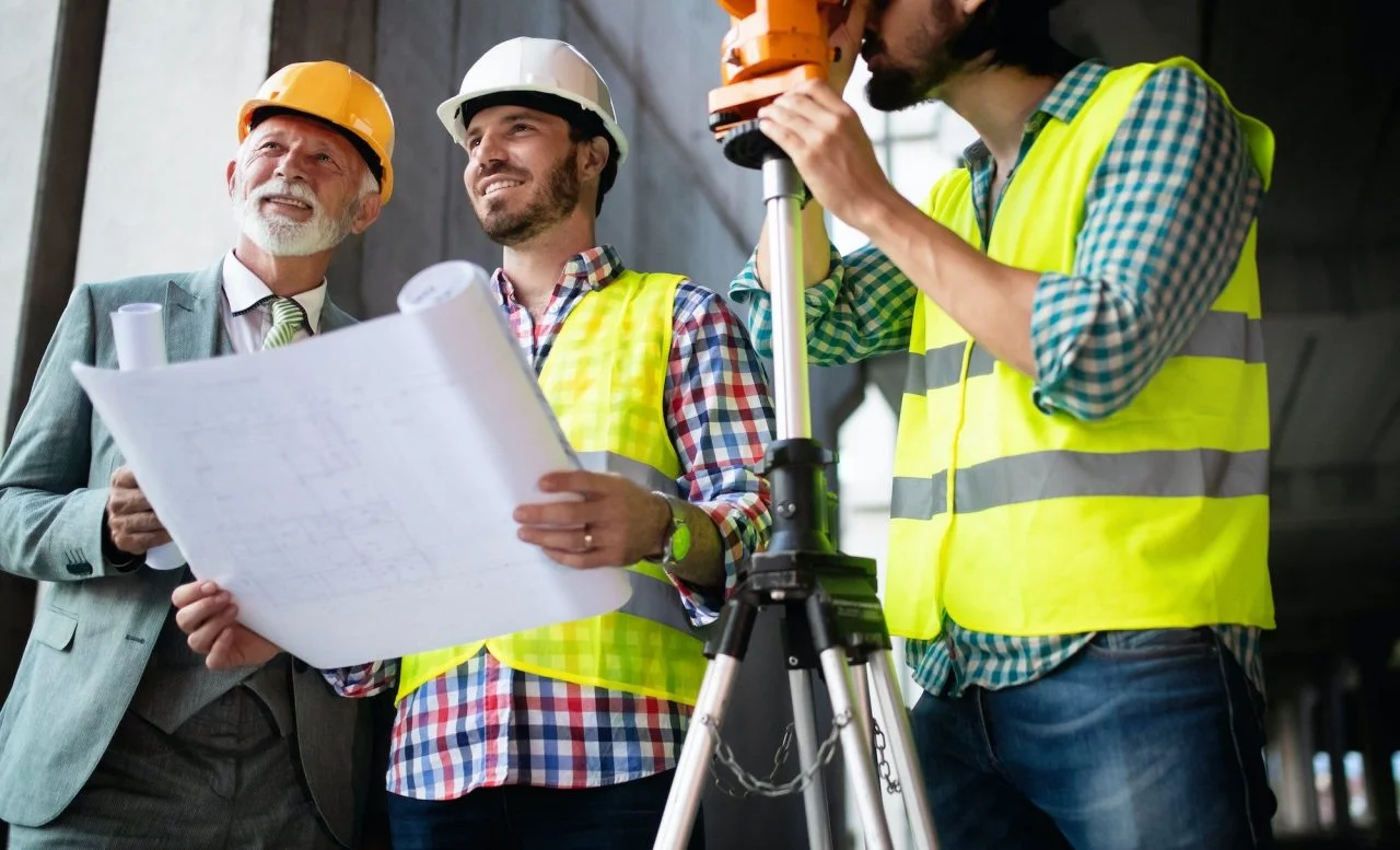 Engineers reviewing blueprints at construction site